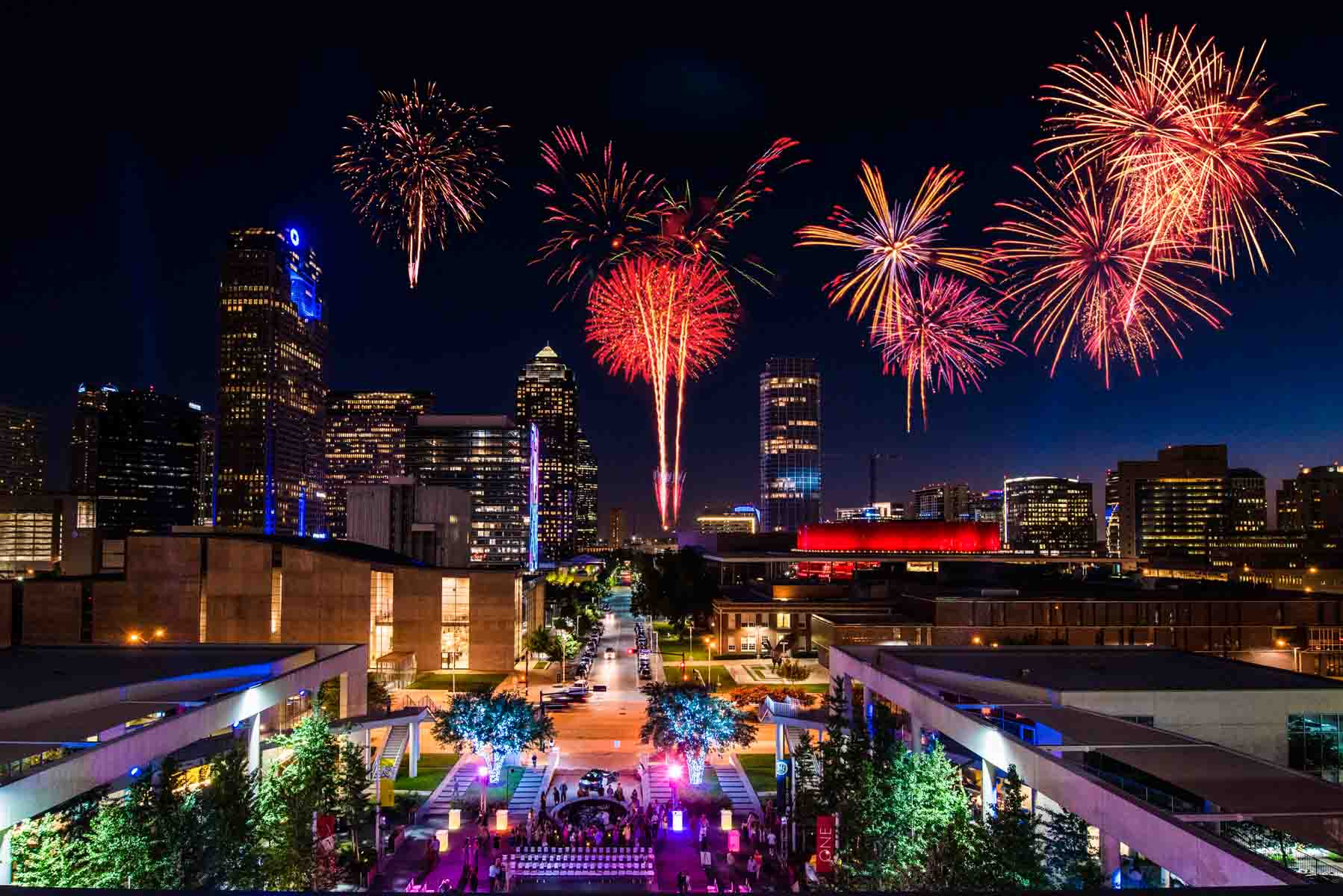 Fireworks over One Arts Plaza at night