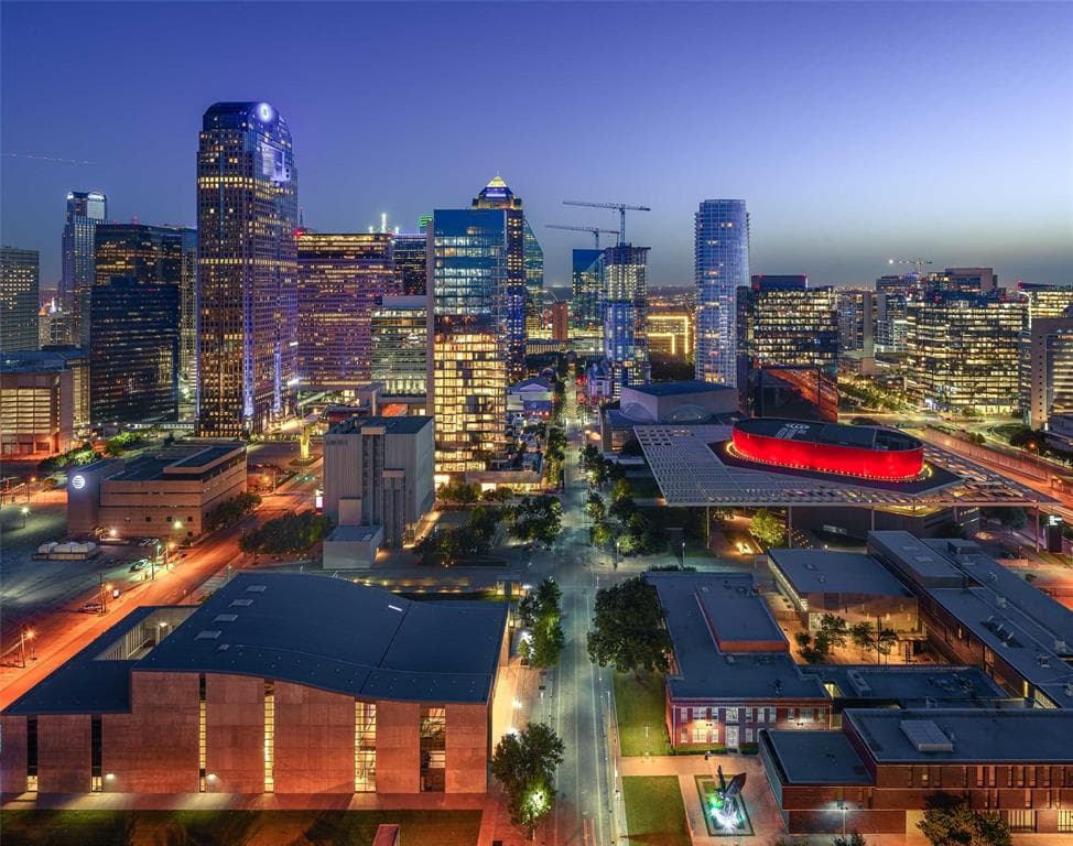 Night views of downtown Dallas from One Arts Plaza