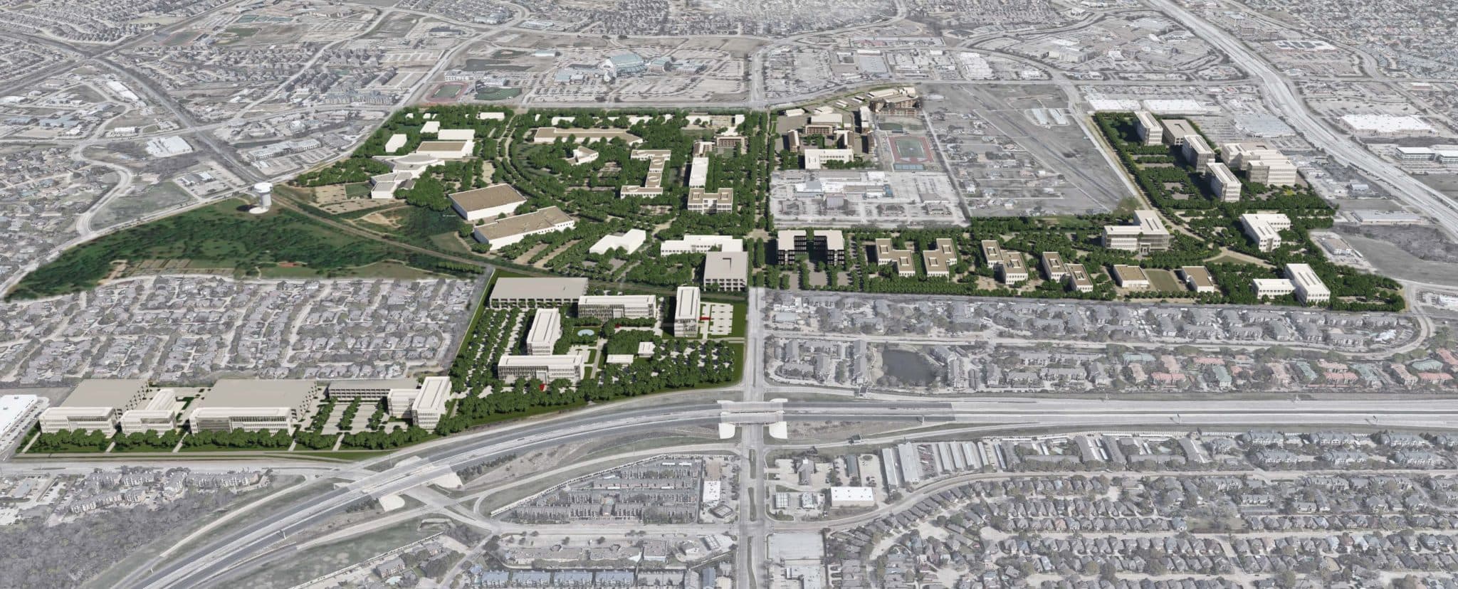 3D aerial masterplan rendering of The Landing campus