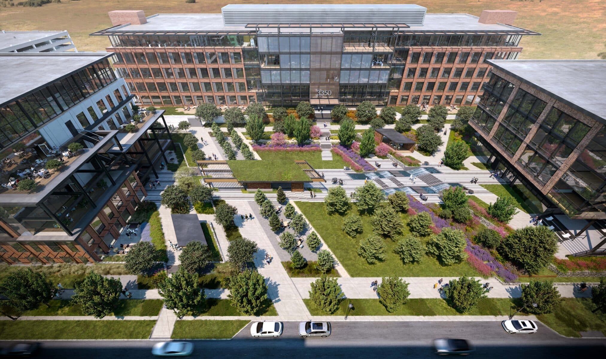 Rendering of the Olympus Plaza office campus at 3300–3400 Olympus Boulevard, Cypress Waters
