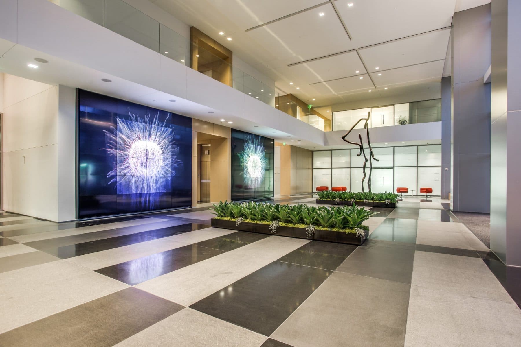 Art and sculpture displays at One Arts Plaza