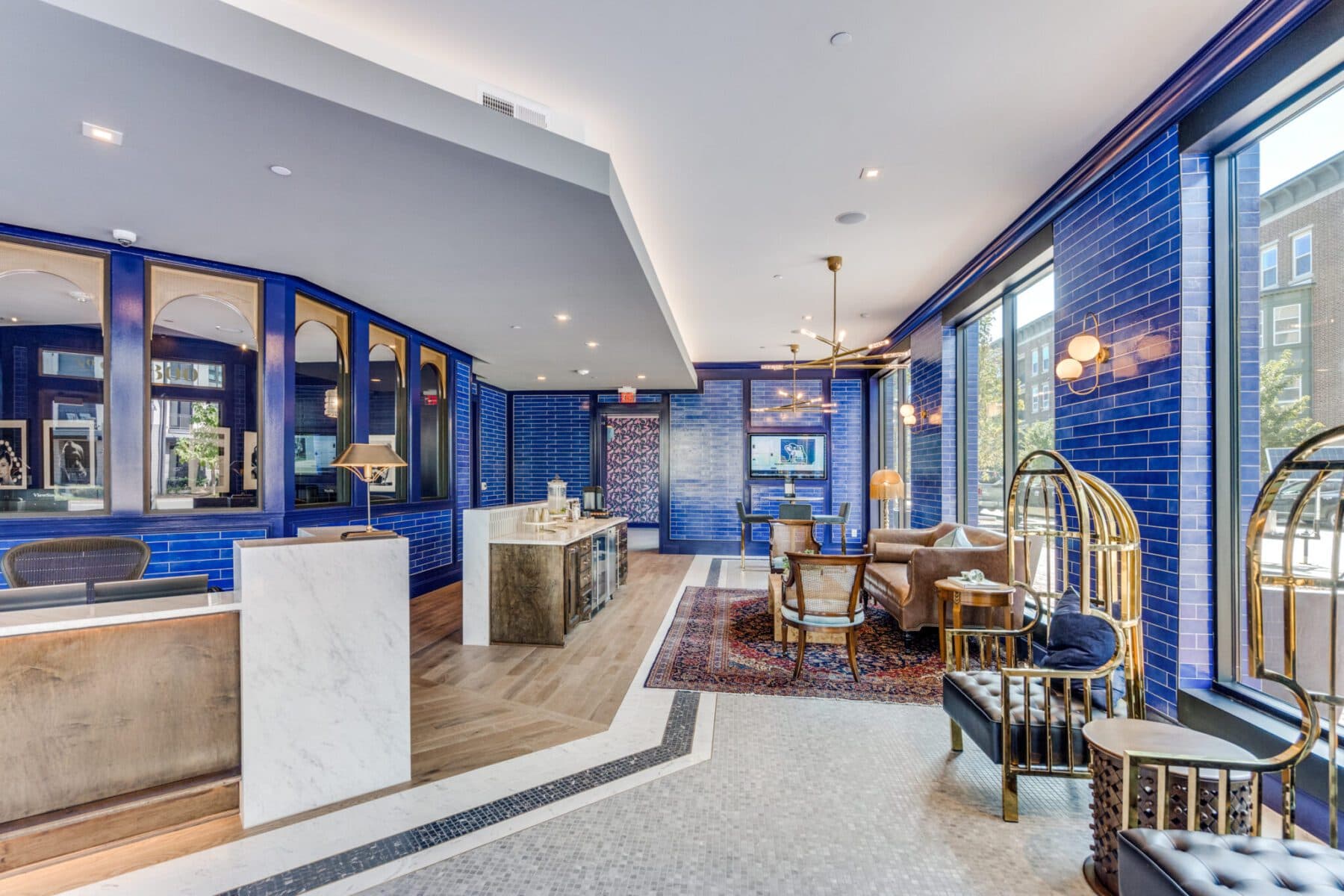 Warm wood-lined interior of a Billingsley leasing center